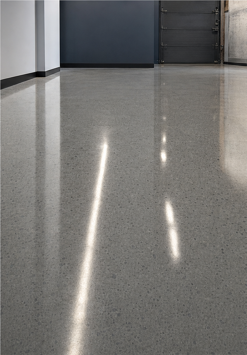 High-gloss polished concrete floor with mirror-like reflection