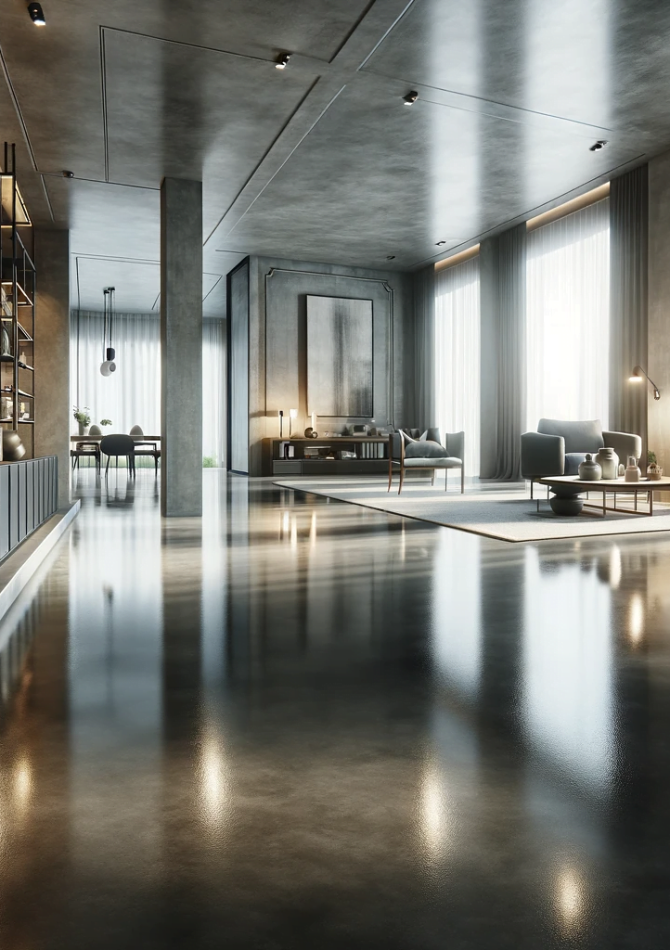 DALL·E 2024-01-15 11.18.19 - A newly polished concrete floor in an upscale home. The floor is sleek and shiny, reflecting the elegant interior of the room. The surrounding space i
