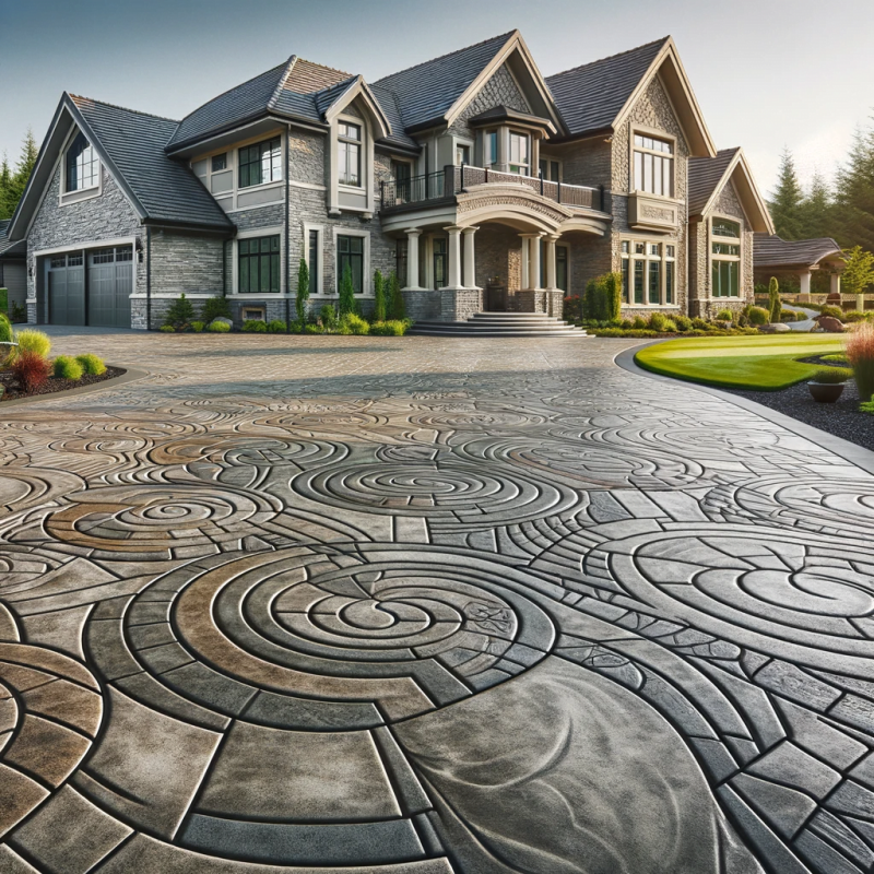 DALL·E 2024-01-15 12.32.03 - Stamped concrete in front of an upscale home. The stamped concrete mimics the look of natural stone, with intricate patterns and a variety of colors,