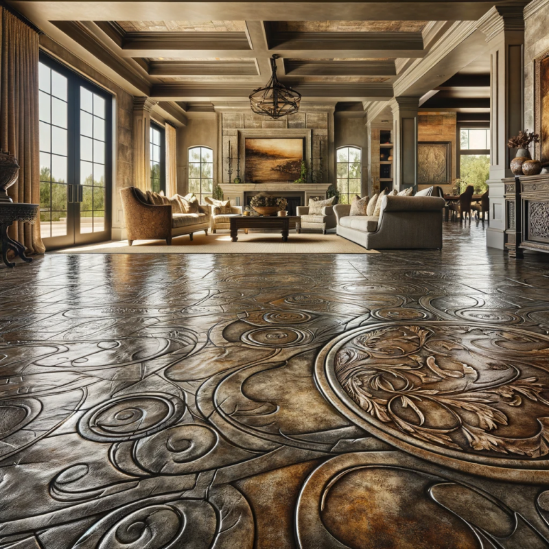 DALL·E 2024-01-19 11.08.59 - A stamped concrete floor in an upscale home, showing a distinctive and refined design. The concrete is intricately stamped with a pattern that mimics